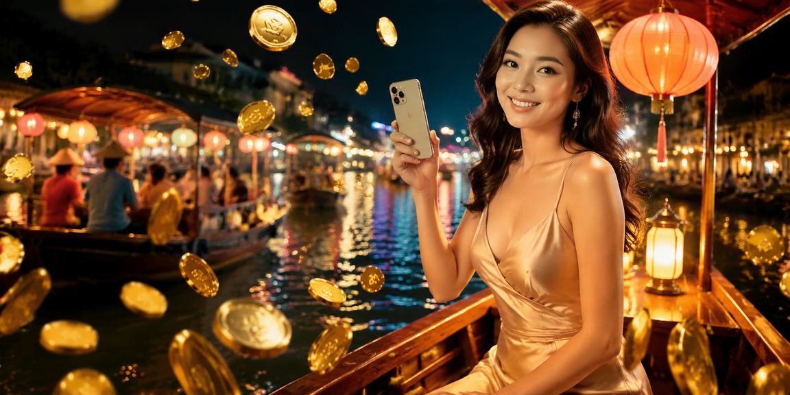 Người chơi trải nghiệm ứng dụng c03 tại chợ đêm Huế với ánh đèn neon